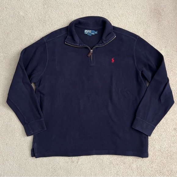 Vintage 1990s Polo by Ralph Lauren Classic 1/4 Zip Cotton Knit Navy Blue Shirt - Picture 2 of 12